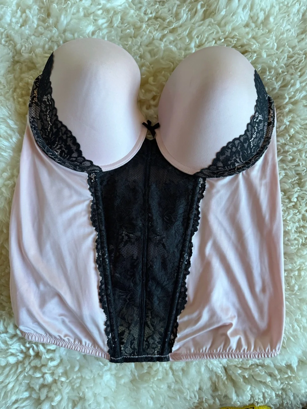 Maidenform 38D corset bustier top pink and black lace strapless sheer mesh